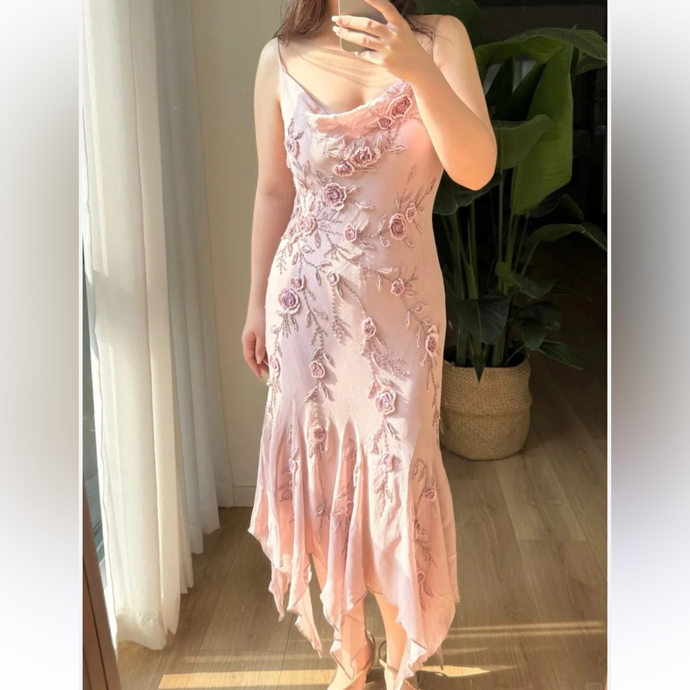 Cartise 100% Pink Silk Y2K Fairycore Dress with Floral Beaded Appliques